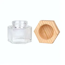 New hexagon glass honey jar with wooden cover and stick