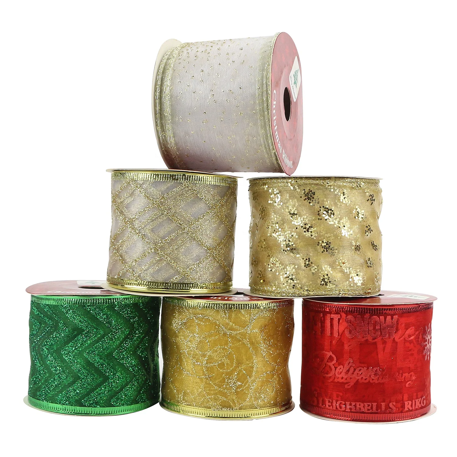 Huihuang Factory OEM Satin Burlap Sheer Assortment Glitter Wire Edge Christmas Ribbon