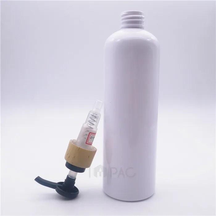 white cosmo round 24/410 shampoo bottles 300 ml with wooden printing pump