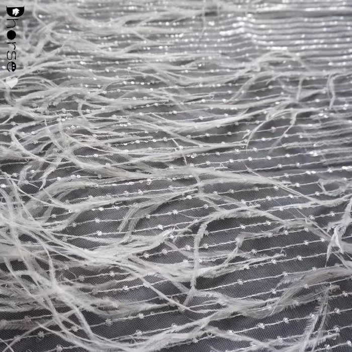Luxury hand made ostrich feather tulle lace fabric with sequin embroidery for formal dress