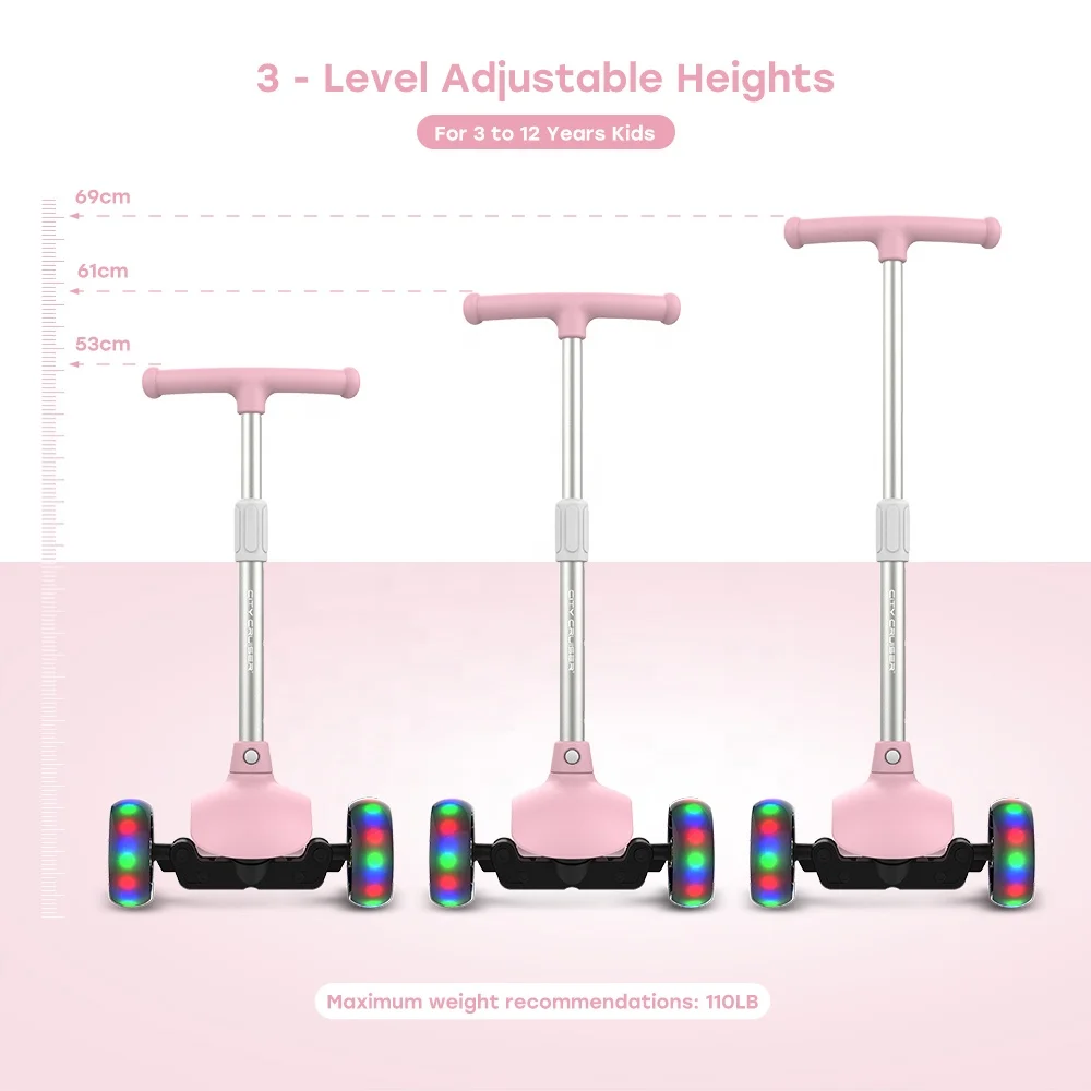 3 wheel folding adjustable kids kick scooter spray scooters with led lights