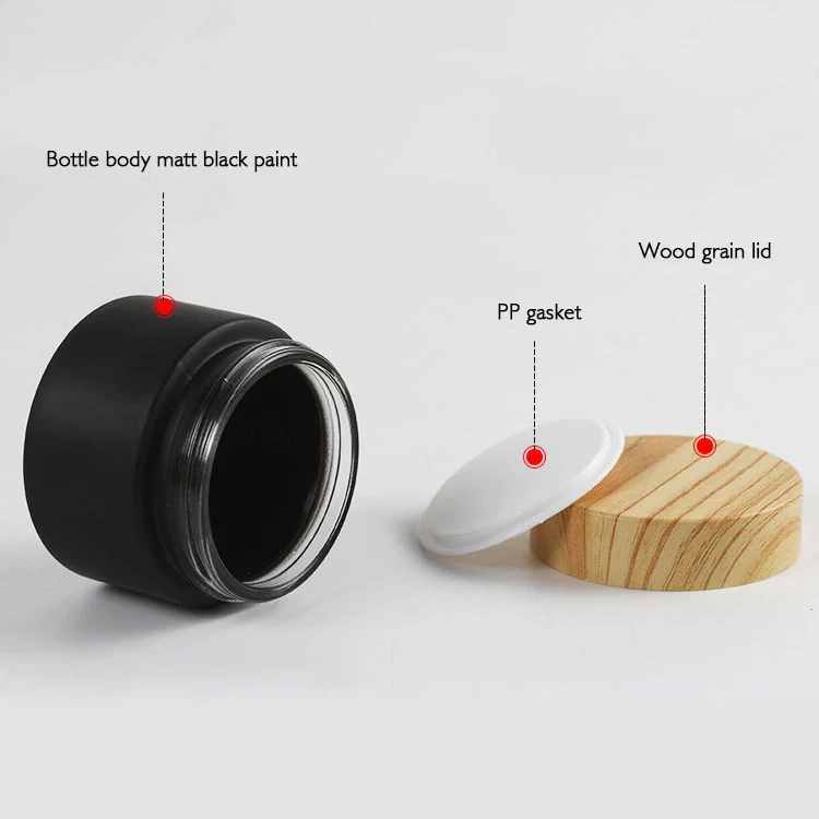 Matte black coating face cream jar skincare containers 20g 30g 50g cosmetic packaging cream jars with bamboo grain lid glass jar