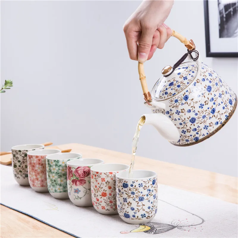 Japanese Style Tea Cup Pot Set Printed Teapot With Tea Stainer Ceramic China Tea Set