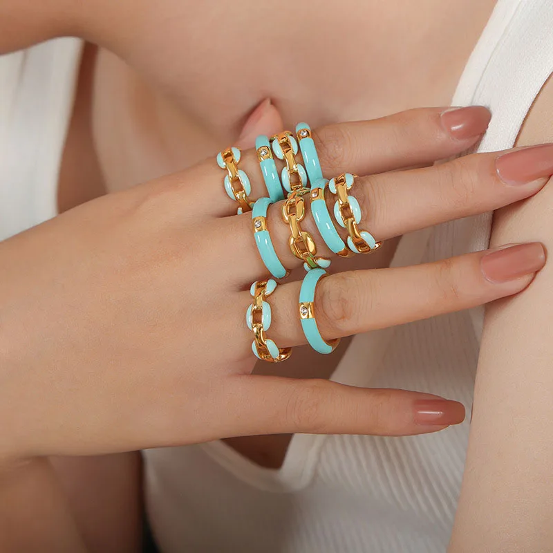 Gold Plated Colorful Enamel Ring Dainty Enamel Jewelry Stainless Steel Waterproof Open Zircon Enamel Rings Set for Women