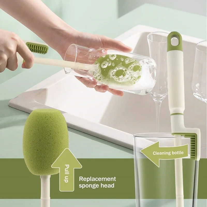 3 In 1 Bottle Cleaning Brush Sponge Bottle Gap Cleaner Long Handle Cup cleaner For Mug Bottle Cover Kitchen Cleaning Tool