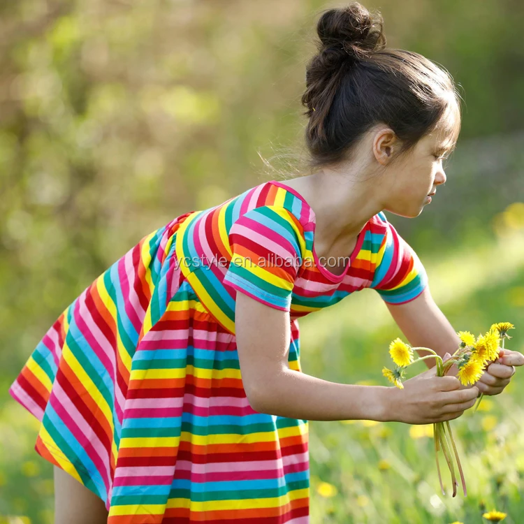 Cheap Prices Boho Design Rainbow Print Baby Girls 100 Cotton Dresses