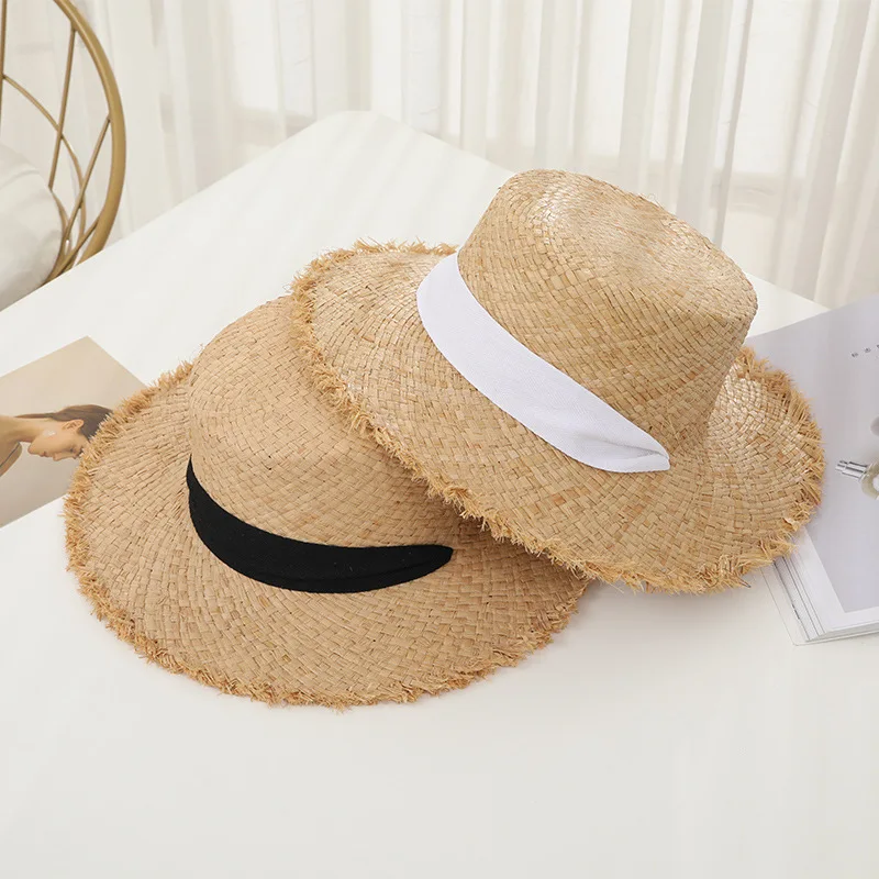 Wide brim flat top summer beach hats women raffia straw hat with ribbon