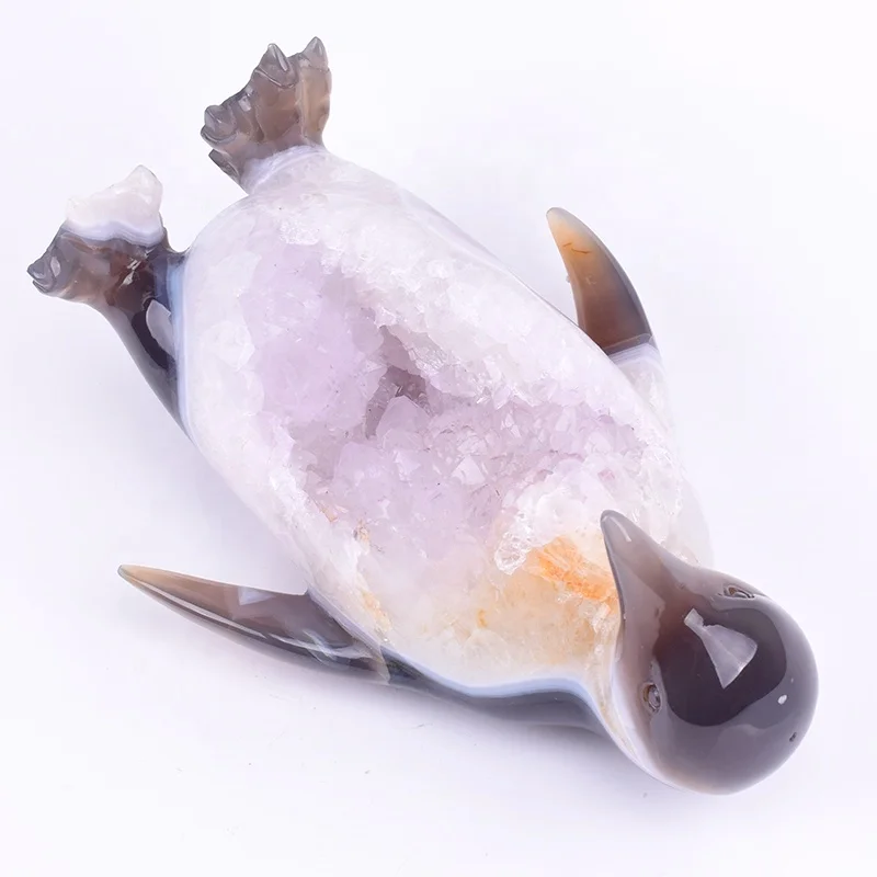 High Quality Polished Quartz Crystal Gemstone Hand Carved Animal  Agate Geode Penguin