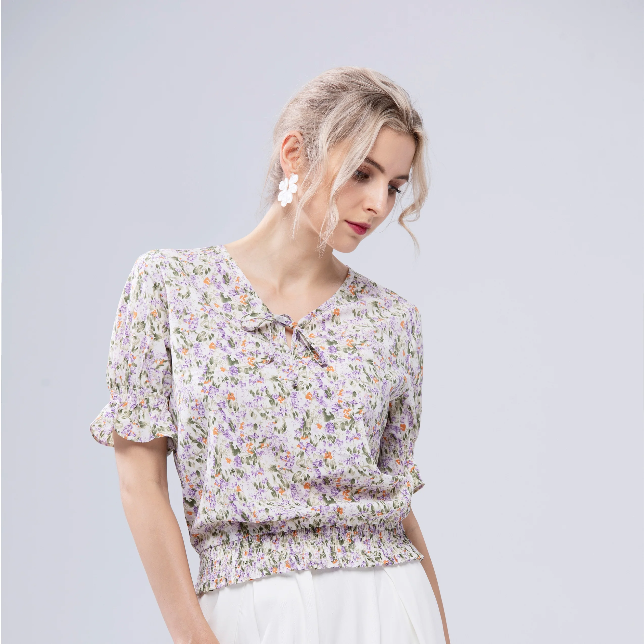 Женское летнее шифоновое Леди Короткие рукава с оборками; Кружевное платье с круглым вырезом, на шнуровке, повседневные женские топы и блузки