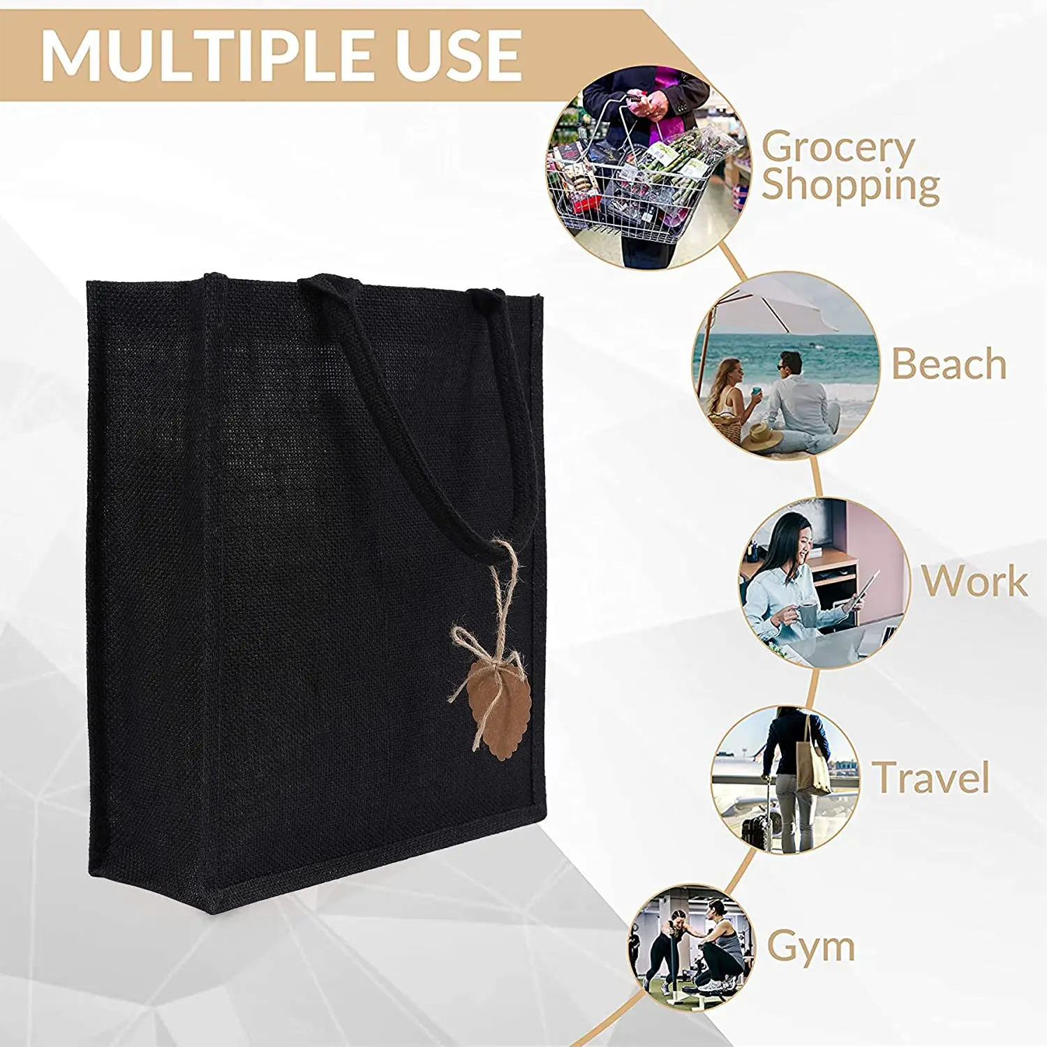 Recyclable foldable portable DIY craft gift bag black linen Jute Shopping Bag jute tote bag