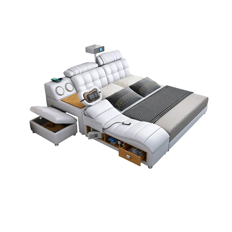 China modern top leather modern bed with computer soft table and projector