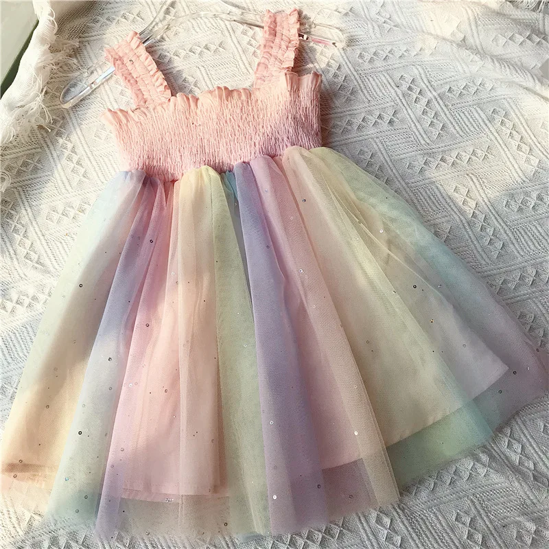 2022 Summer Princess Children Clothing Rainbow Tie-Dye Printed Strapless Lace Tutu Kids Sundress Girls Dress