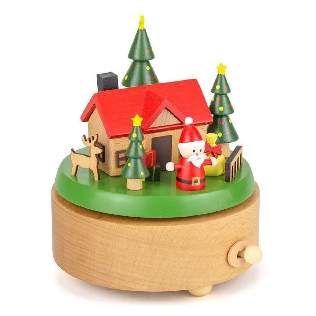 High Quality Beech Wood Music Boxes 2024 Christmas Theme Wooden Hand Crank Music Box Popular Birthday Christmas Gift