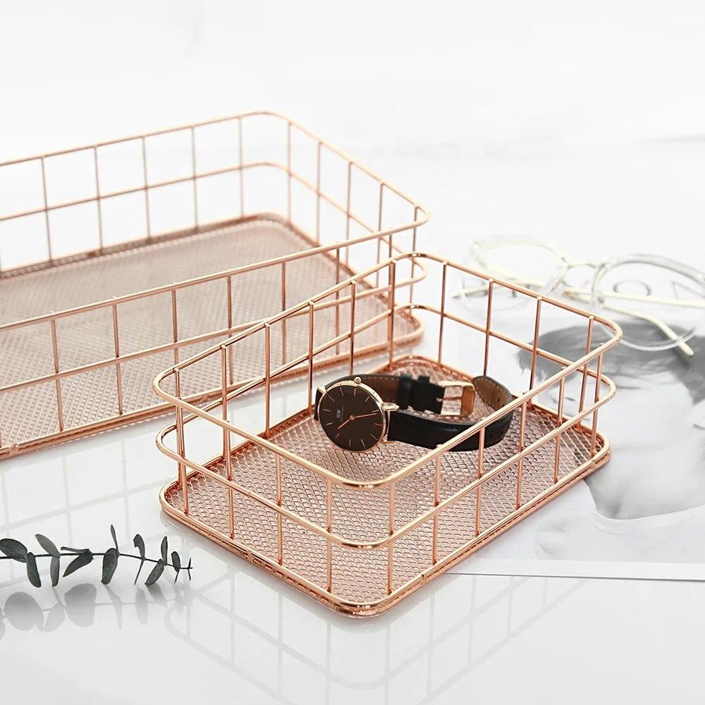 Wire Organizer Basket Iron Foldable Customized Package Storage Baskets Rose Gold Rectangle Metal Modern Customized Color 2set