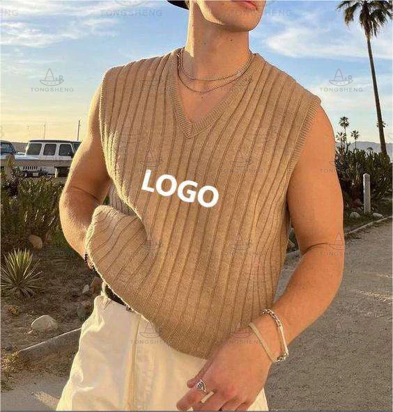 Supplier Custom Logo Jacquard Letters Knitted Pullover Knitwear Sleeveless V Neck Ribbed Knit Sweater Vest For Men