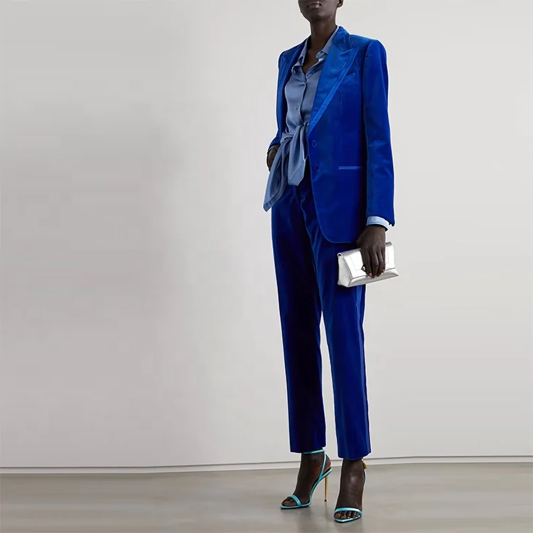 Latest fashion design high quality custom blue cotton-velvet and silk front  fastening button  blazer women