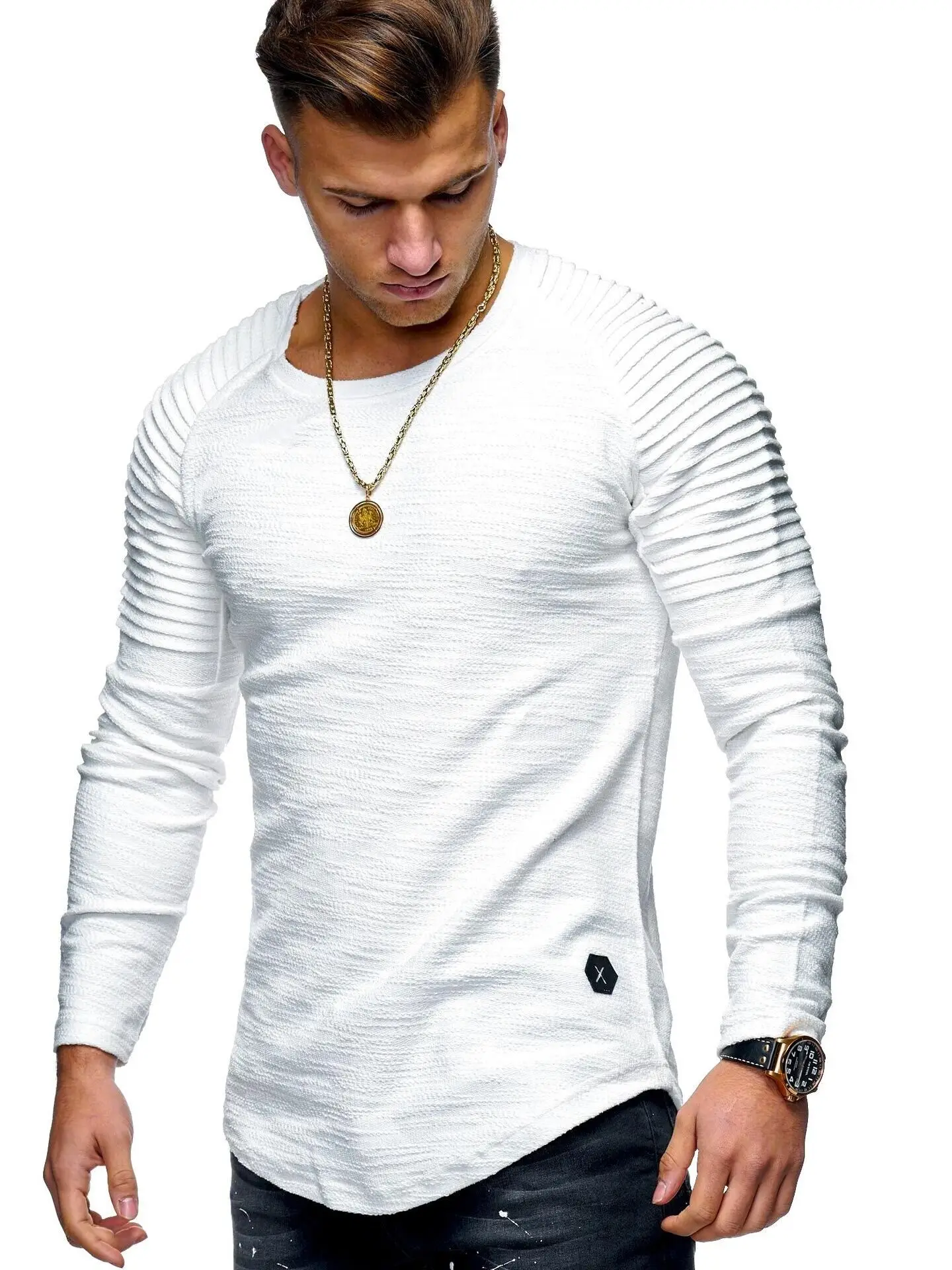 custom solid color long full sleeve round neck pullover casual striped oversized t shirts for men stylish 2021