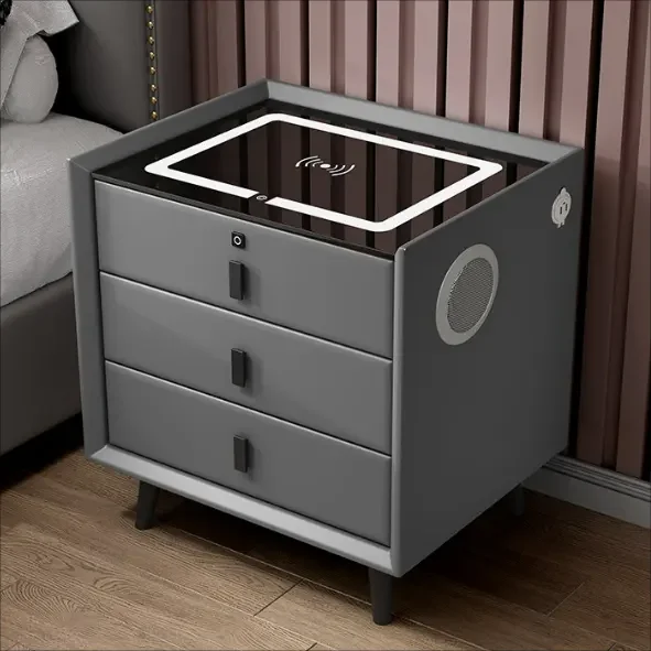 Nightstand Touch Sensing Led Light Dual Usb Smart Wireless Charger Speaker Design Fingerprint Lock Bedside Table