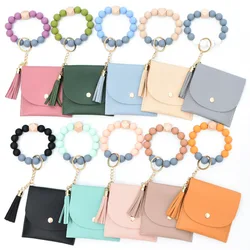 Tassel Key Ring Bangle Purse Designer Leather Card Holder Silicone Beaded Wristlet Keychain Wallet