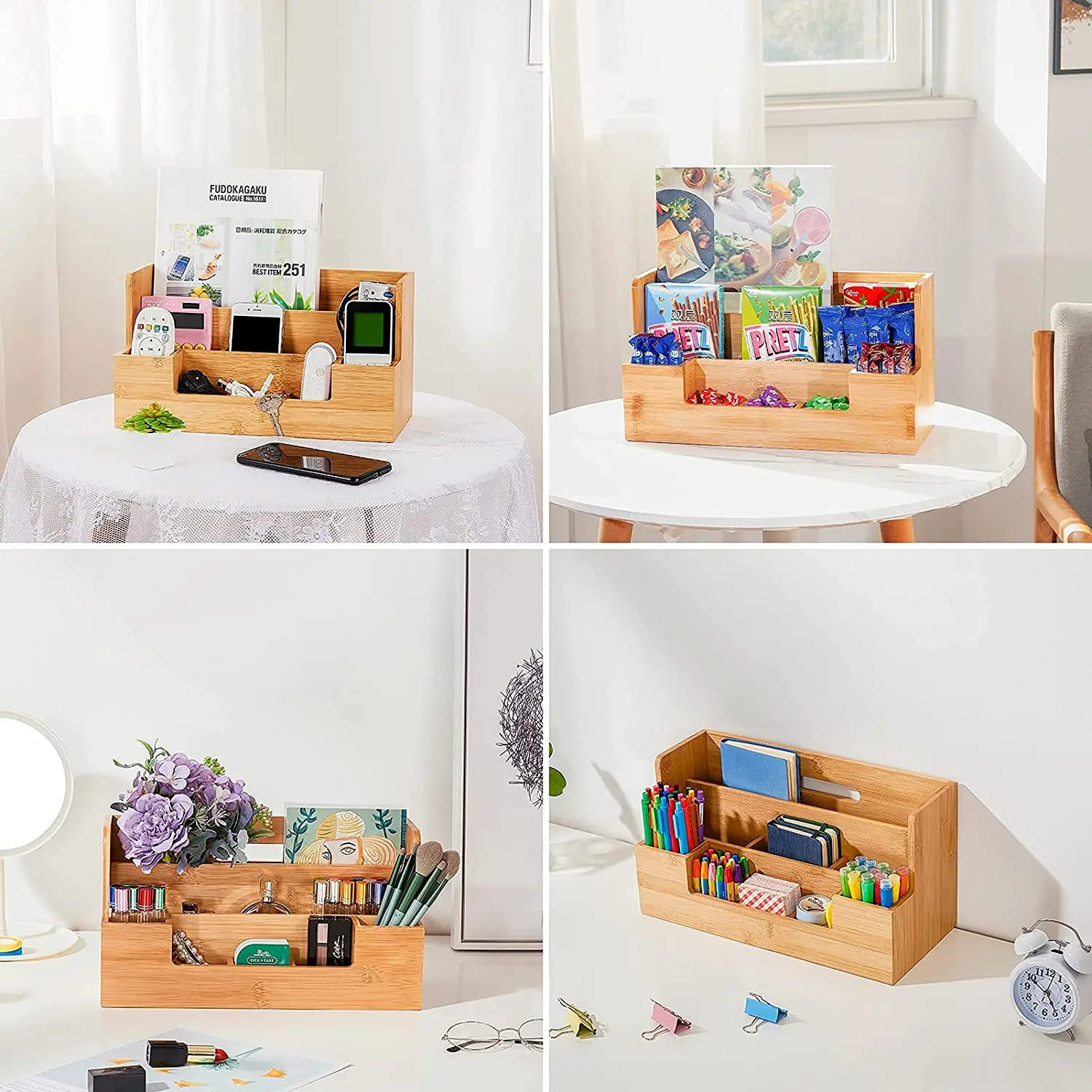 Bamboo Desk Organizer All-in-One Office Desk File Organizer With Pen Holder, 9 Compartment Organizer