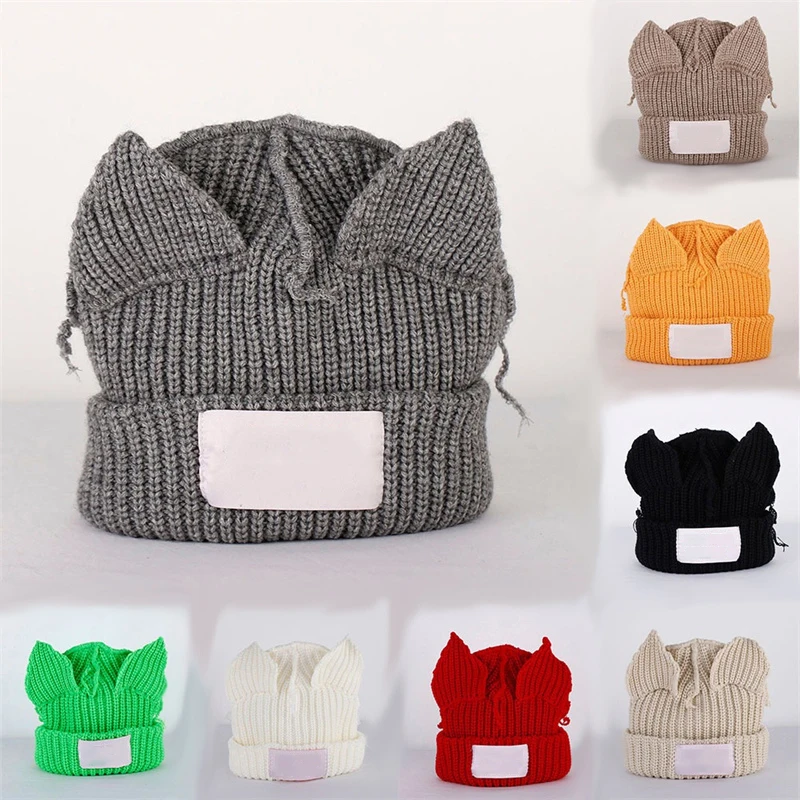 Hot Selling Y2K Style Cat Ear Hat Cute Skull Beanie Hat Knit Wool Felt Cap Warm Slouchy Crochet Hat