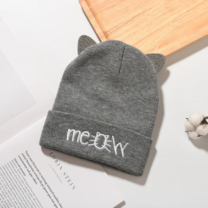 Cat Ears Embroidery Beanie Warm Animal Shape Letters Embroidered Winter Pattern Skull Cap for Running Sports Travelling