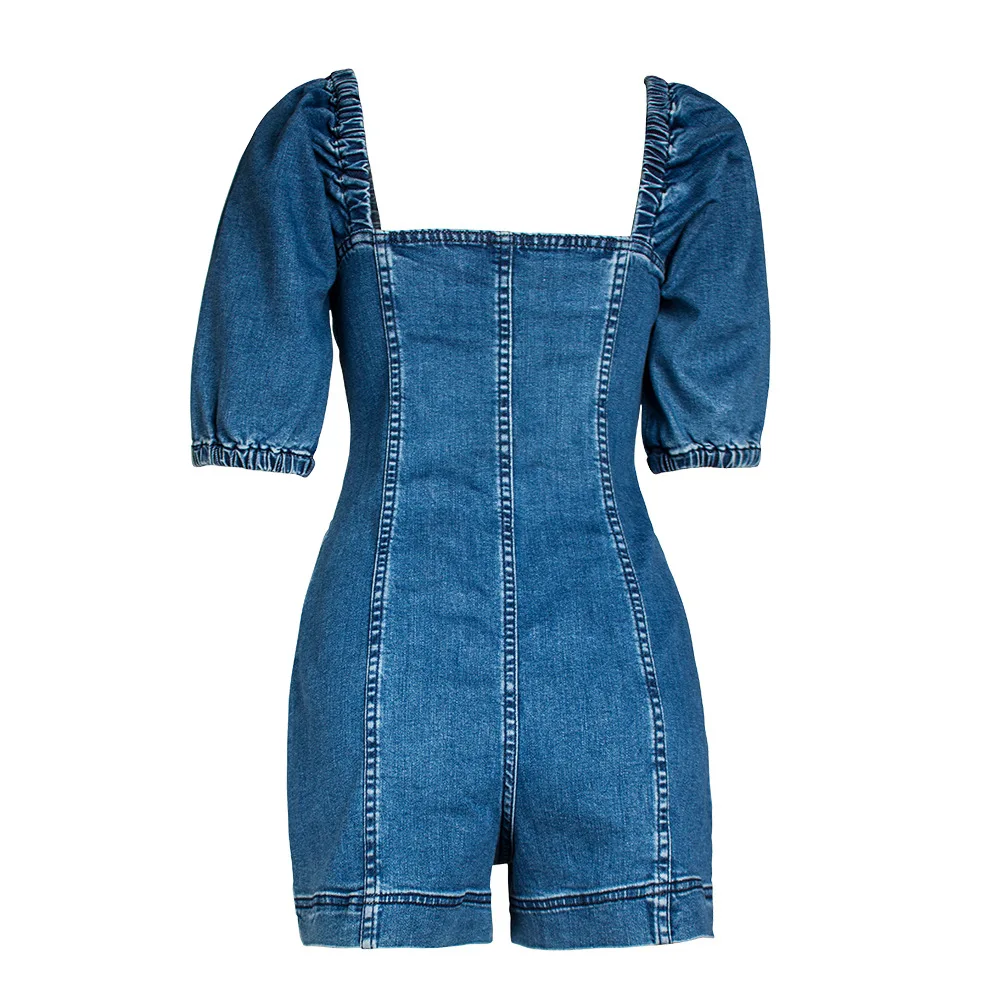 
Sexy Waist Tight Square Collar Short Sleeve One Piece Jumpsuit Jeans 