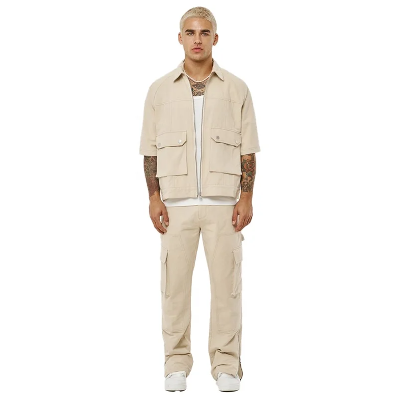 KY Splashing Short Sleeve Shirt Ink Zip up Shirt Cargo Pants Mens Pockets Men Pants and Shirt Sets