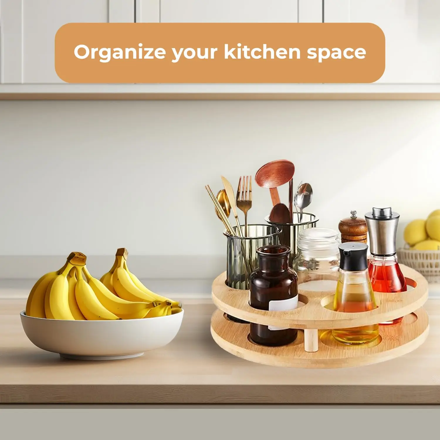 Factory Direct Premium Lazy Susan 7 Bottle Rotating Coffee Syrup Carousel Bamboo Coffee Syrup Organizer for Countertop