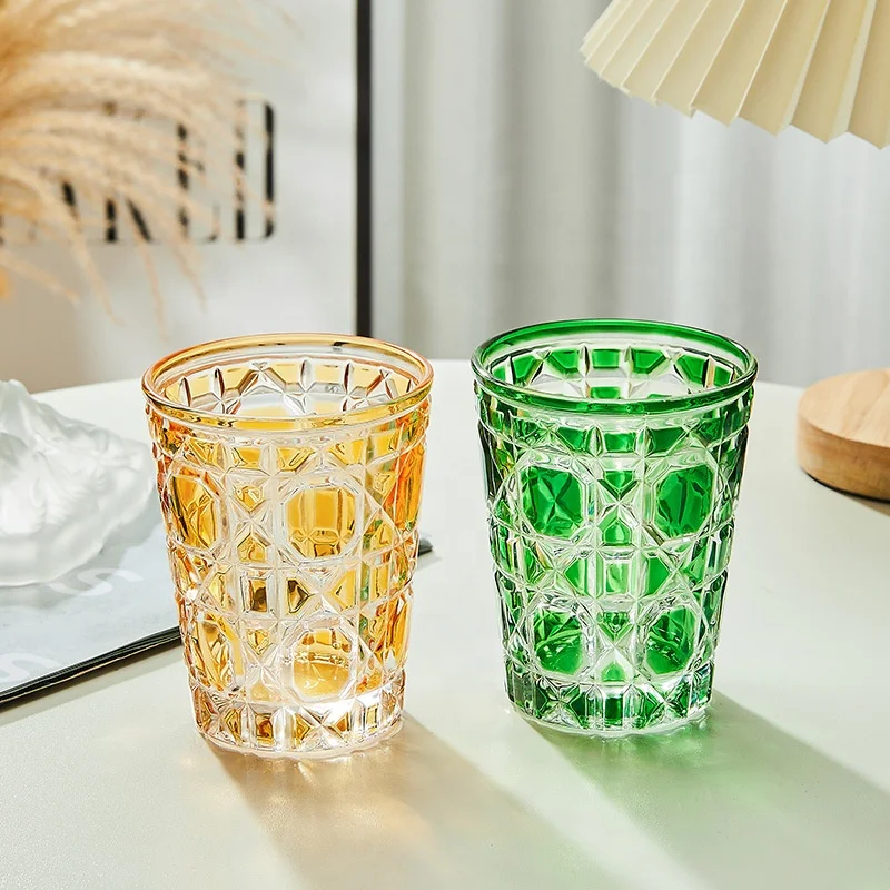European Style Creative Whiskey Glasses Hand-carved Drinking Water Bottle Summer Coffee Mugs Colorful Checkered Glass Cup