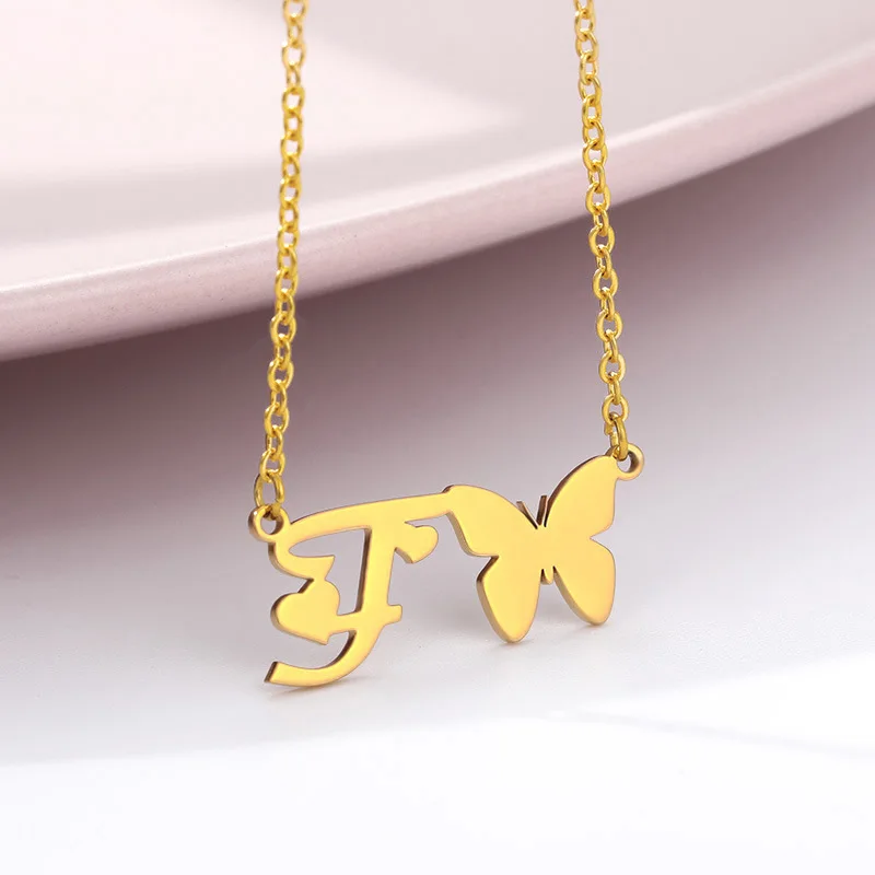 Fashion Cute Women Gold Plated Inital Letter Stainless Steel Jewelry Initial Butterfly Necklace