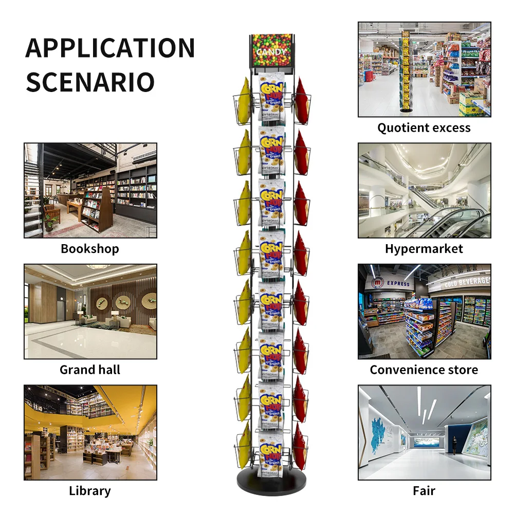 OEM/ODM 8-Tiers Metal Wire Supermarket Retail Snack Food Display Flooring Rack with 32 Pockets