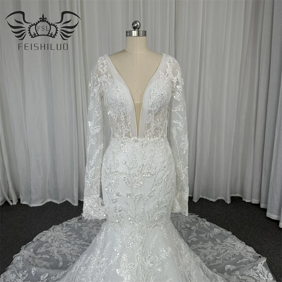 FEISHILUO Luxury Bead Lace  Mermaid Wedding Dresses long Sleeves Ivory Bridal  Dress Gown Custom Made