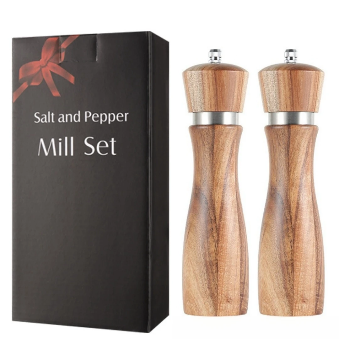 8' Salt and Pepper Grinders Set Acacia Wooden Shakers Ceramic Rotor with Strong Adjustable Coarseness for Kitchen Supplies