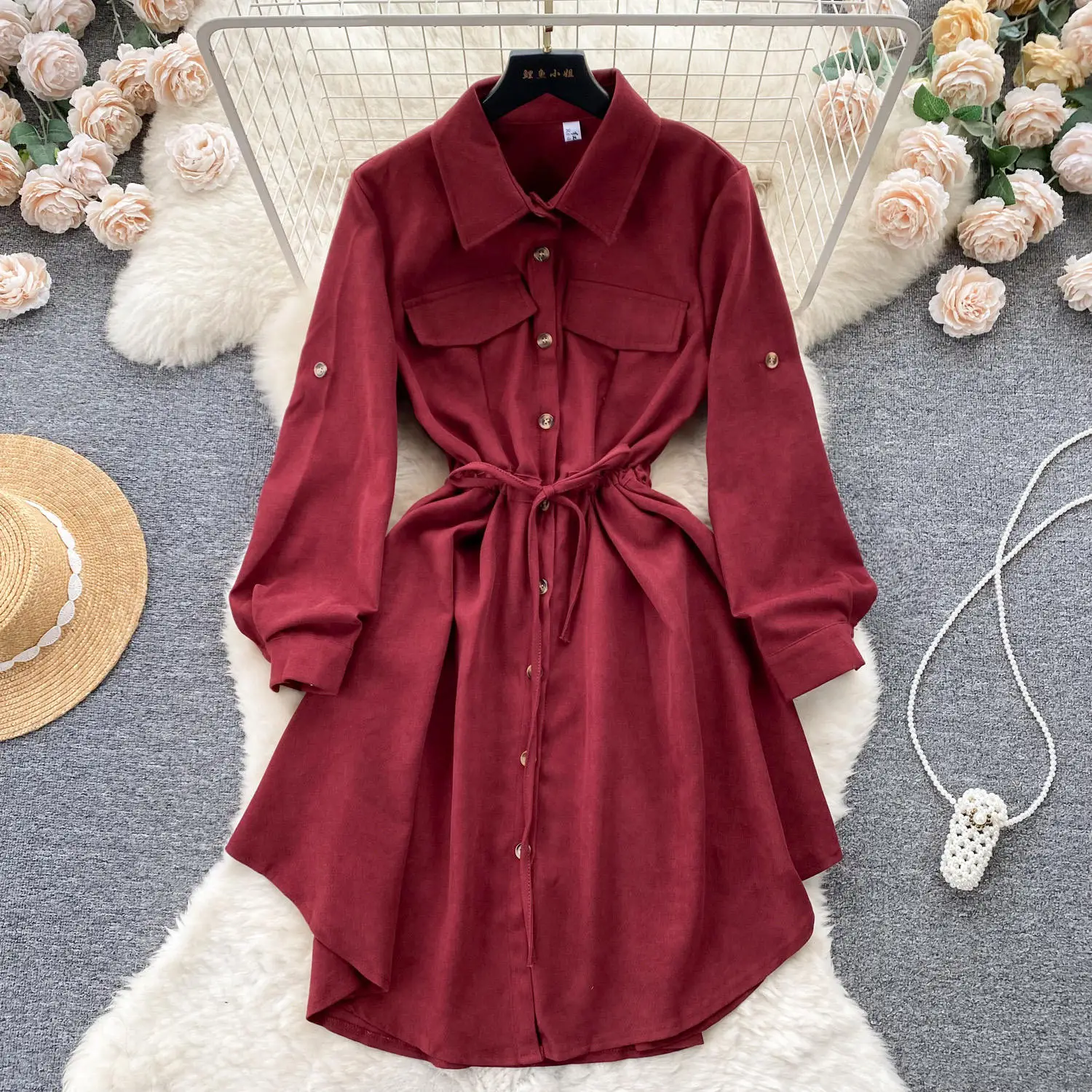 Autumn Vintage Asymmetric Tunic Slim Shirt Turn-Down Collar Midi Dress With Long Sleeves Empire Lace Dresses For Women