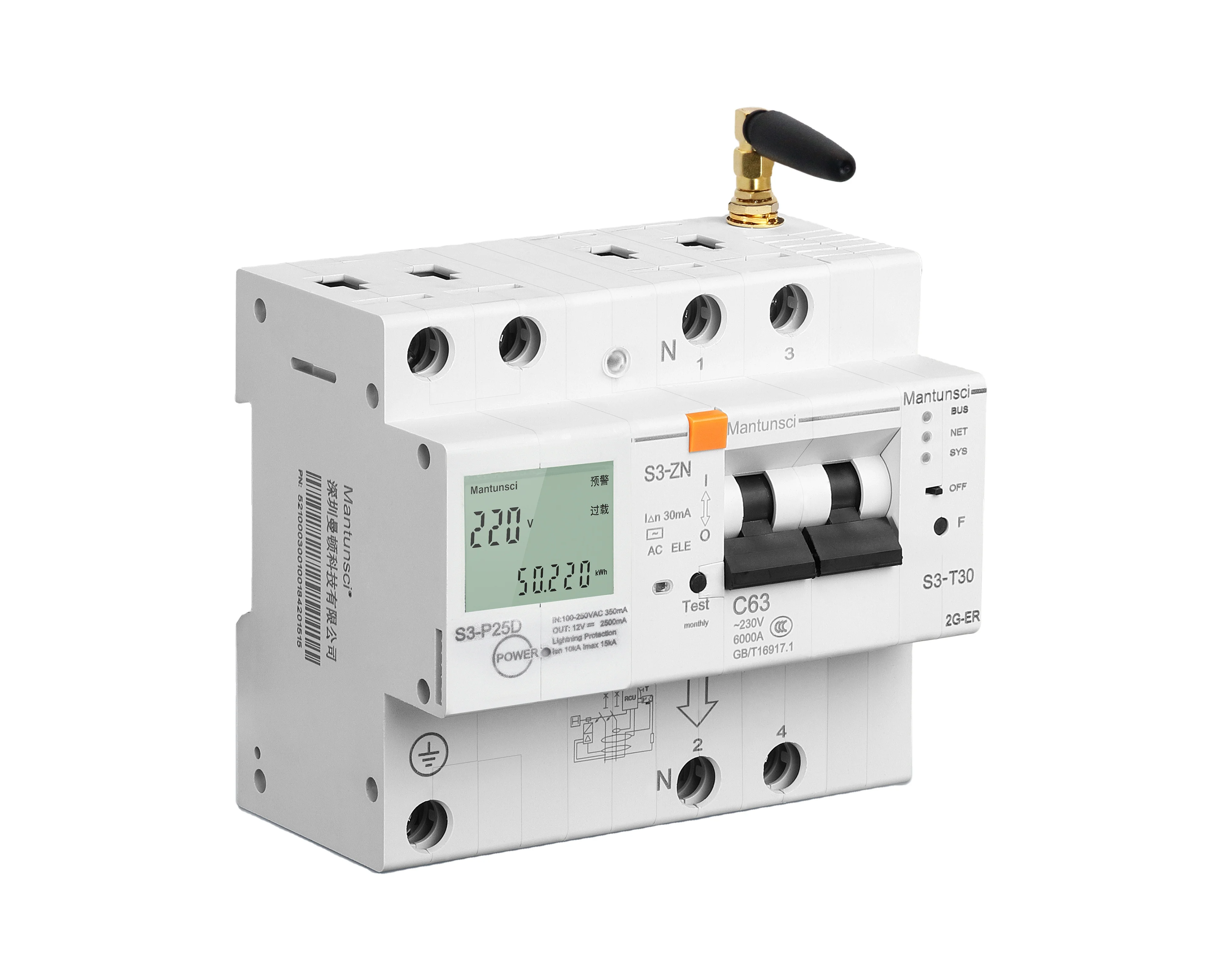 Factory wholesale smart mts3 1P 2P 3P 4P 30a 32a tuya dc smart mcb miniature circuit breaker with wifi GPRS