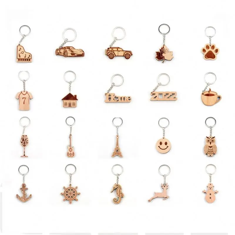 Wood Animal Guitar Wooden Keychain Blank House Form Pendant Bamboo And Metal Key Ring Coffee Cup Charm Shape Keychains