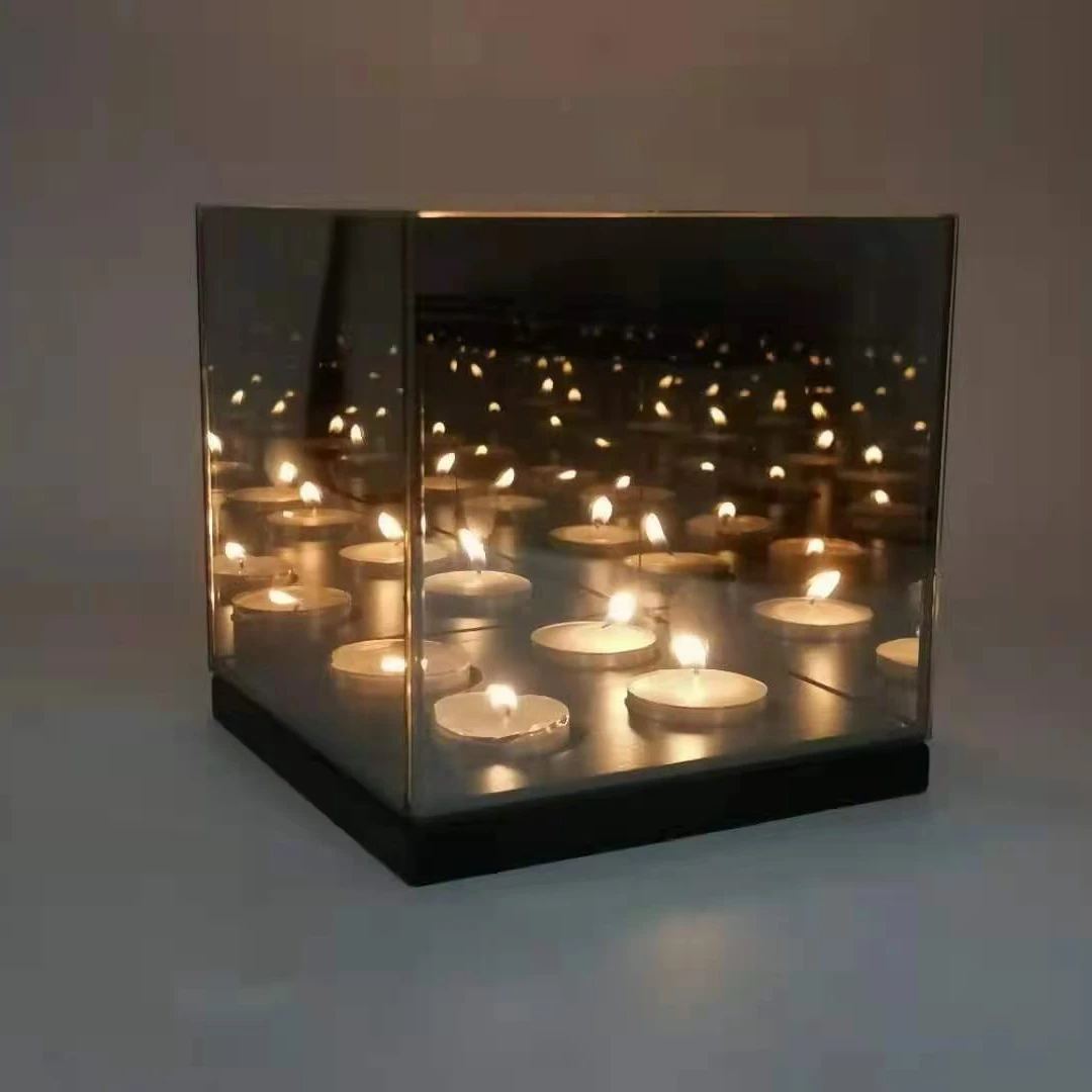 
15x15CM Infinity Cube Glass Tealight Candle Holder with 4 candle Reflective Tealight Candle Holder 