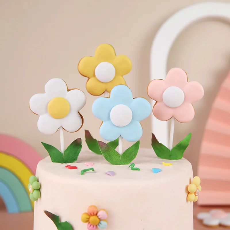 Birthday Party Decors Ins Trendy Pink Blue Yellow White Flower Cake Topper Colorful Flower Cake Toppers