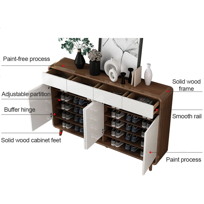 Modern light luxury shoe storage cabinet multifunctional solid wood shoe rack living room Wooden shoe rack with door cabinet