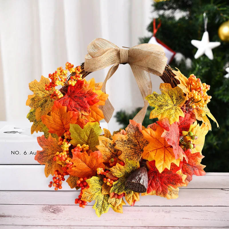 A82 Harvest Wreath Large Fall Front Door Garland Decor Maple Leaf and Berries Orange Rattan Wreaths Thanksgiving Ornament
