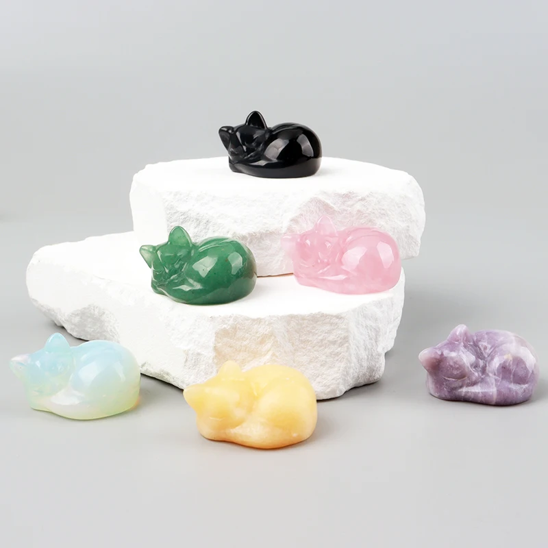 Religious Style Crystal Cat Figurine Healing Theme Home Office Decor with Polished Stone Sculpture Cute Sleeping Cat Statue