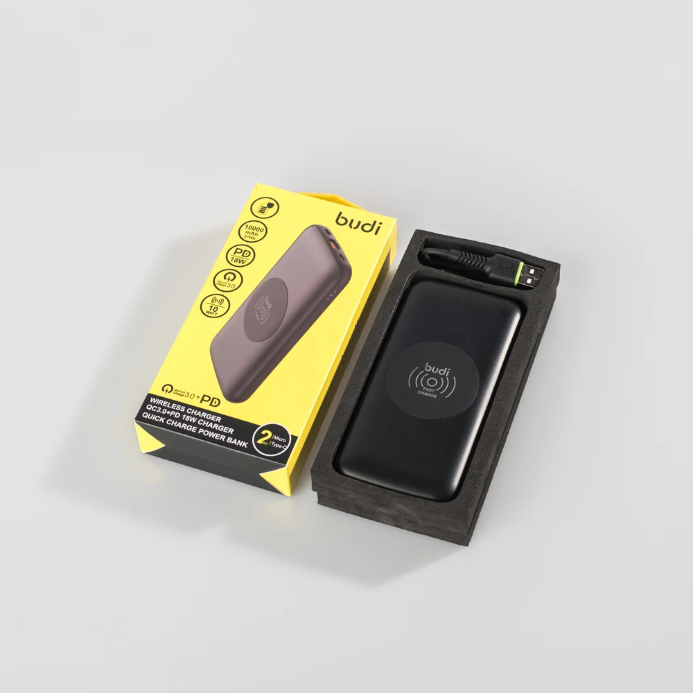 
2019 trending products promotional gift ultra slim portable powerbank with custom logo 10W black wireless Power Bank 10000mAh 