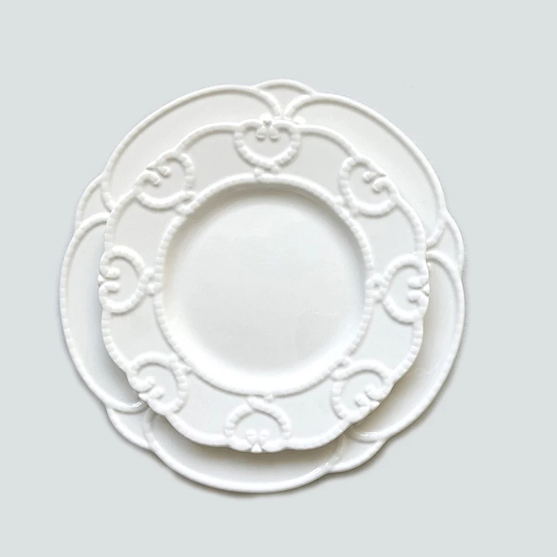 Vintage Relief Ceramic Charger Plate Customize Pink Embossed Lace Dinnerware Set for Wedding Tabletop Rental Western Tableware