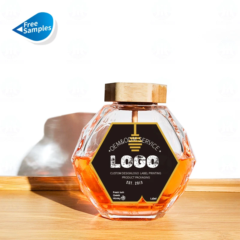 Glass Honey Jar Diamonds Hexagonal Container Pot Stick Spoon Packaging Bottle with Wooden Unique Design 200ml Kitchen