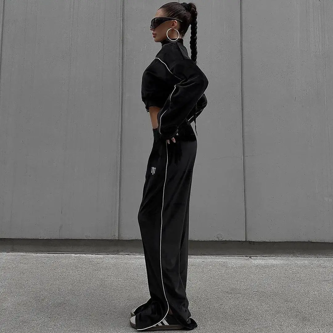 Customize Spring Casual Solid Long Sleeve Split Sweatpants Tracksuit Black Ladies Cropped Top Zipper Hoodie Set Woman Embroidery
