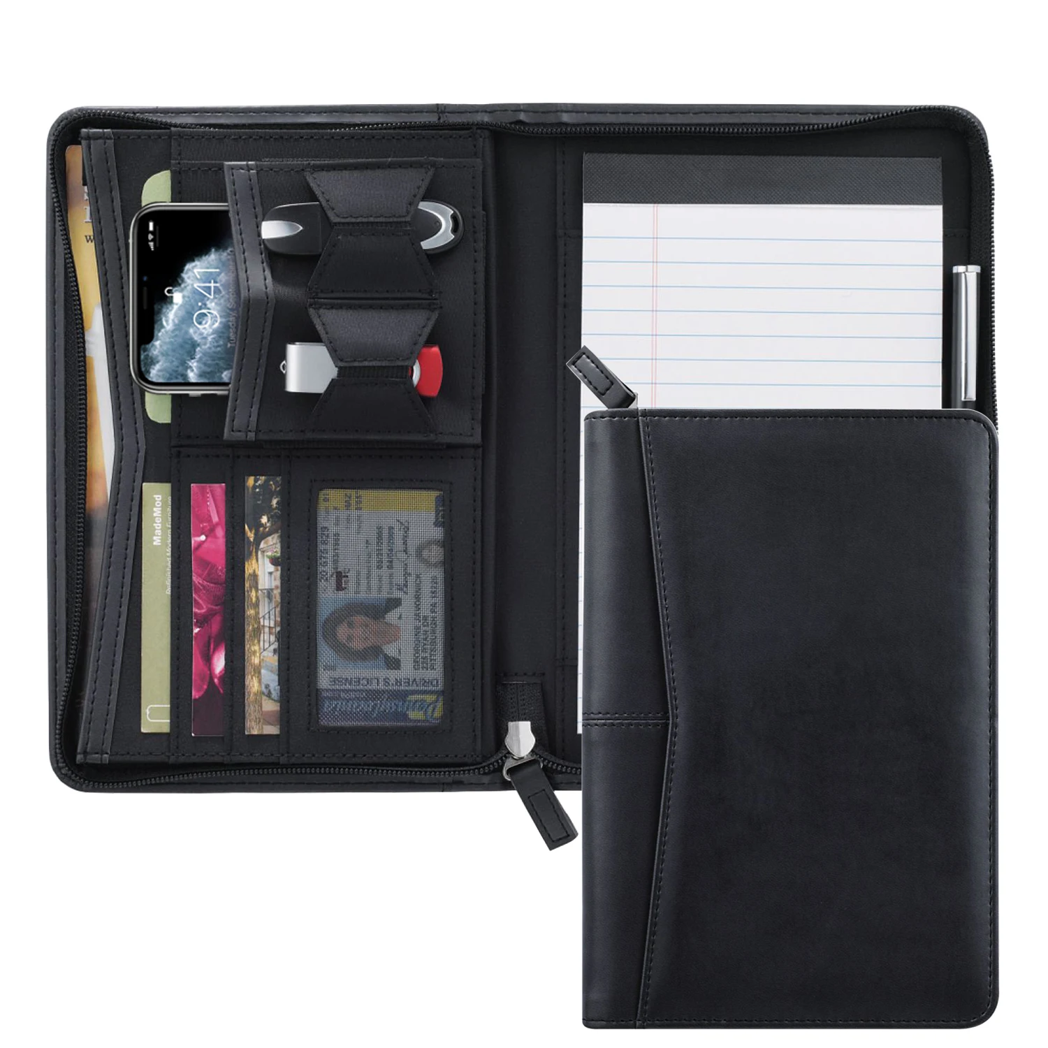 Custom Logo Zipped Padfolio/ Junior Portfolio Folder Case, A5 Leather Organizer Binder, 5 x 8 Writing Pad Included