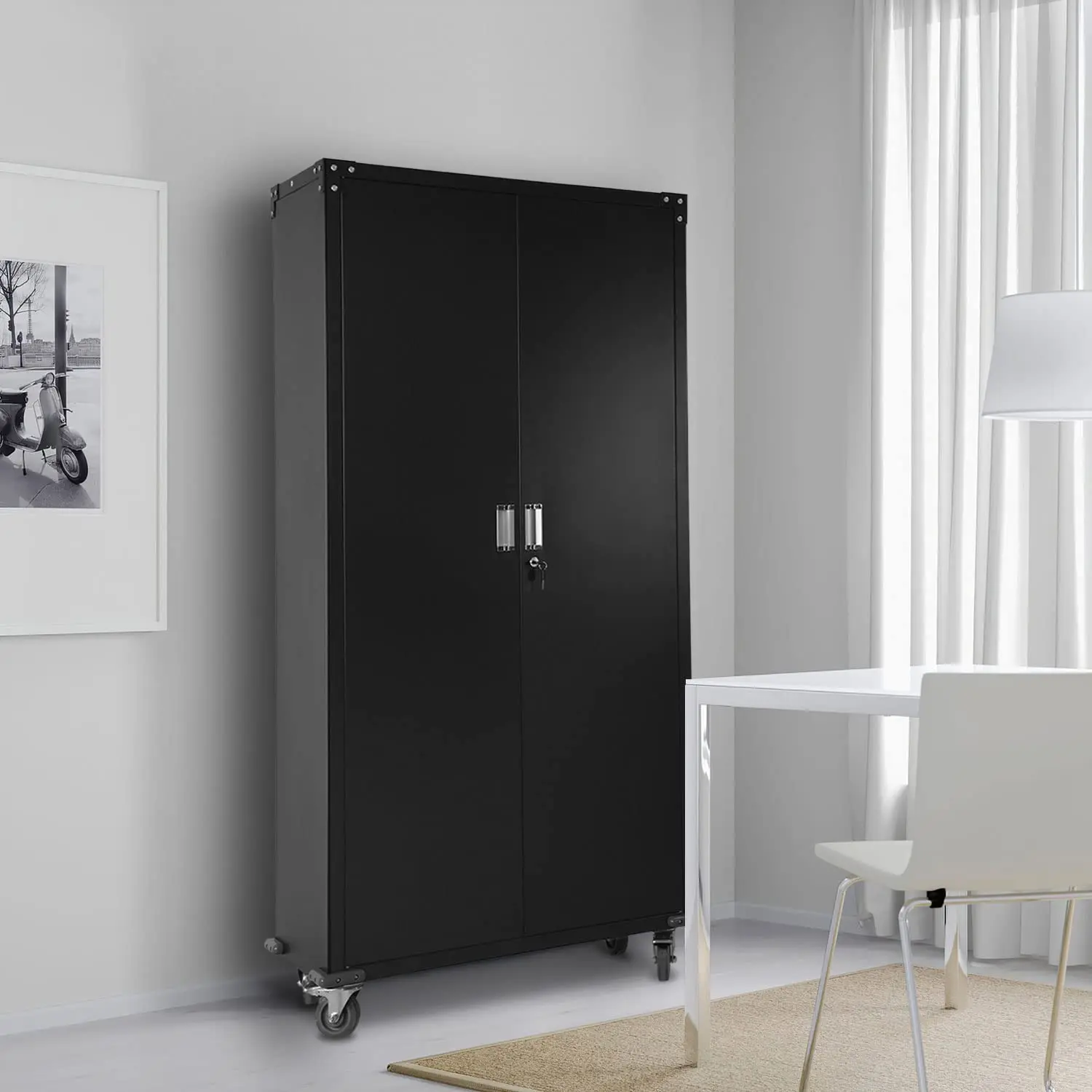 Customize Metal File Storage Cabinet 2 Swing Door Mobile Home Office Tool Steel Cabinet With Wheels And Adjustable Shelves