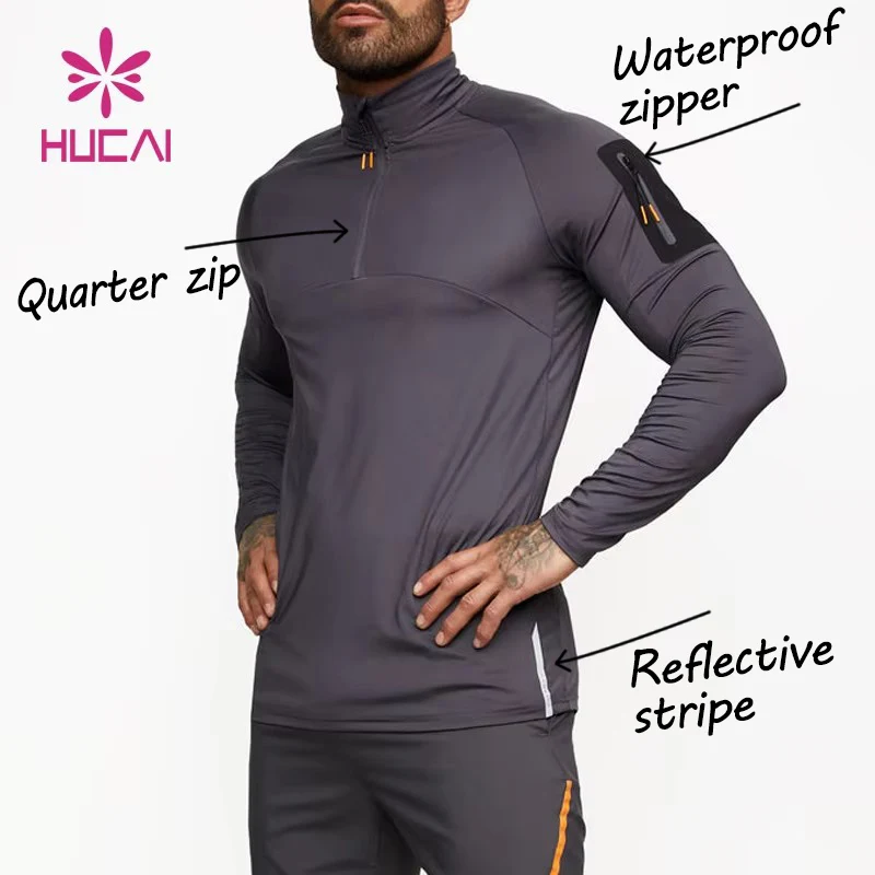 HUCAI Custom logo Training Top Workout men half zip athletic compression long sleeves sports dry fit gym t shirts for men