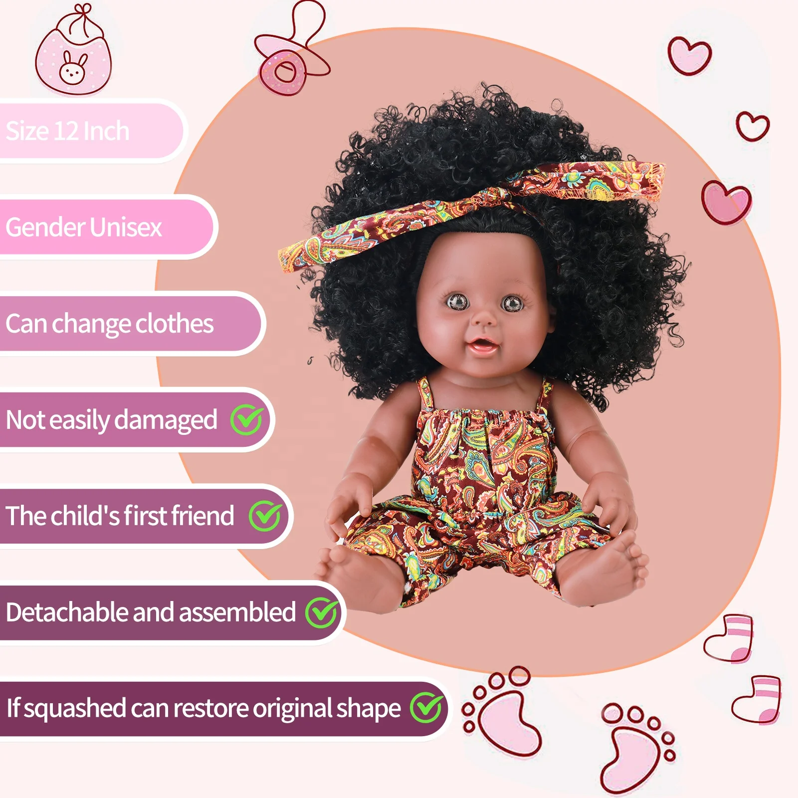 Hot sale 12 inch Black Dolls Baby 30 Cm Tall Real Life Look Vinyl Girl Doll Black Skin Dolls With Afro Hair kinky curly hair